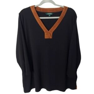 Lauren Ralph Lauren LRL Tunic Top 3X Black V-Neck Faux Suede Accent Cotton Shirt